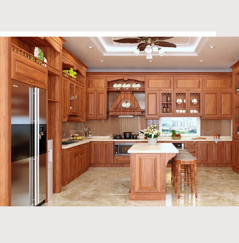 Tủ bếp gỗ gõ đỏ tân cổ điển