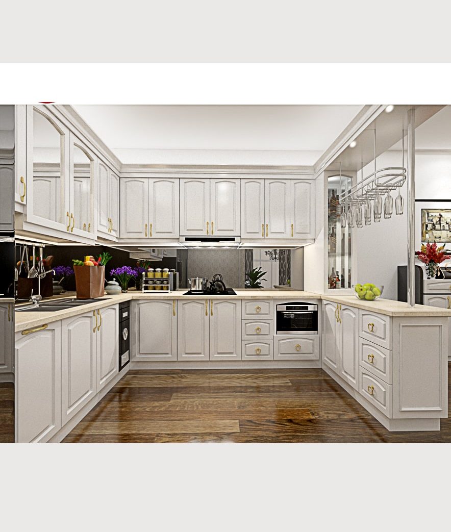 Tủ bếp gỗ xoan đào màu trắng cho nhà cấp 4